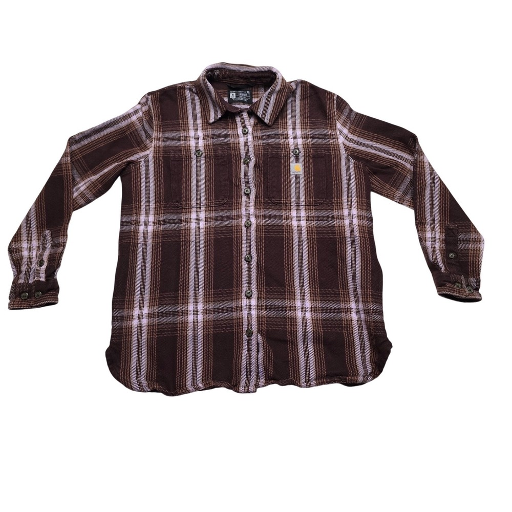 Carhartt Loose Fit Plaid Flannel Shirt Brown Lavender Mens Medium Fall Winter